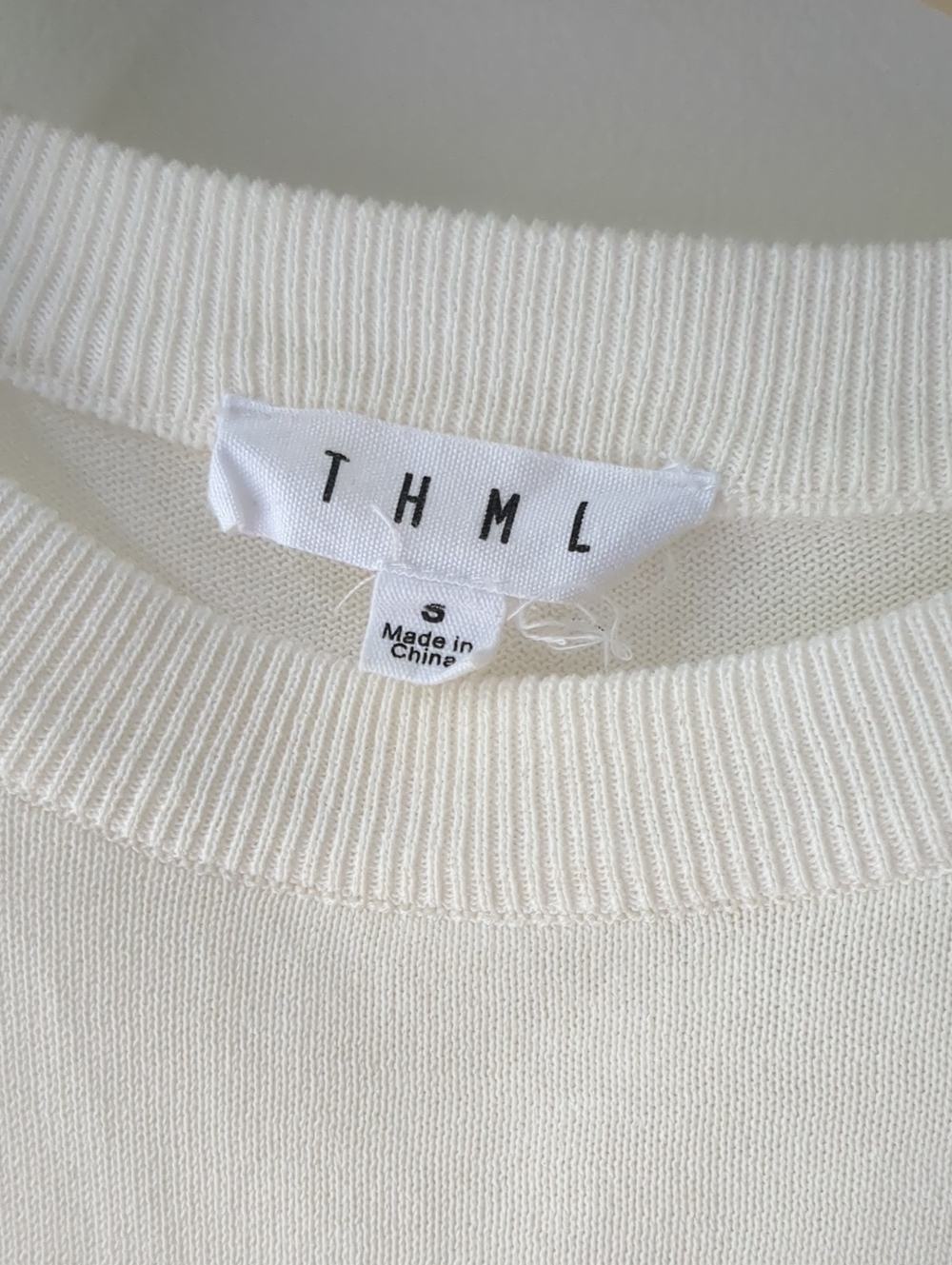 THML Ivory Puff Sleeve Knit Top with Fringe Trim - Picture 2 of 6